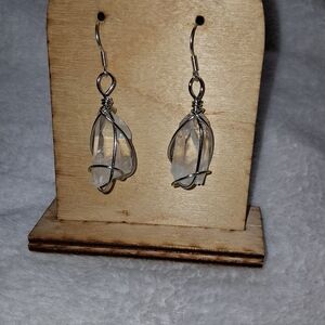 Silver Wire-Wrapped Quartz Crystal Rock Earrings